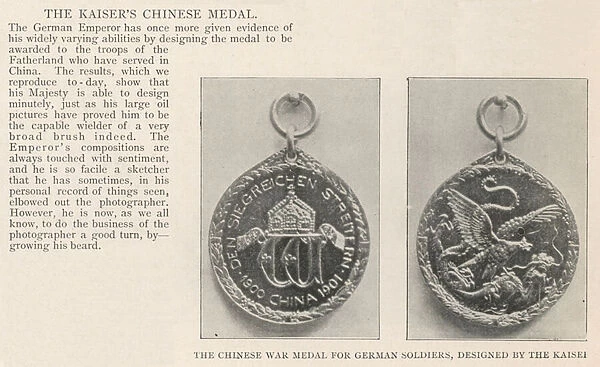The Chinese War Medal for German Soldiers, designed by the Kaiser (b  /  w photo)