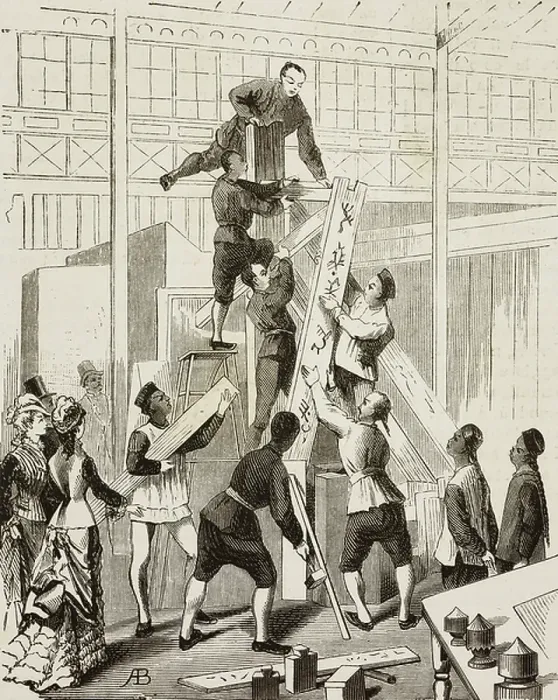 Framed Print : Chinese workers setting up framework of their stand, Universal Exposition of Philadelphia, United States of America, engraving from L'Illustrazione Italiana, No 32, June 4, 1876