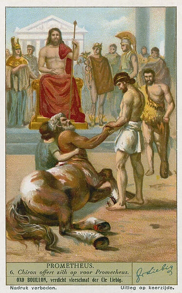 Chiron offers himself before Prometheus (chromolitho)