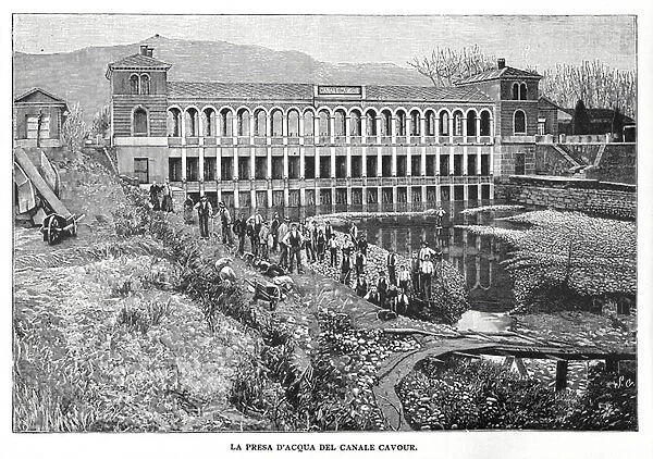 Chivasso -- the Cavour Canal water intake, c. 1899 (engraving)