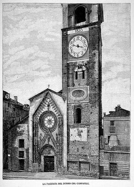 Chivasso, the facade of the cathedral with the bell tower, 1899 (engraving)