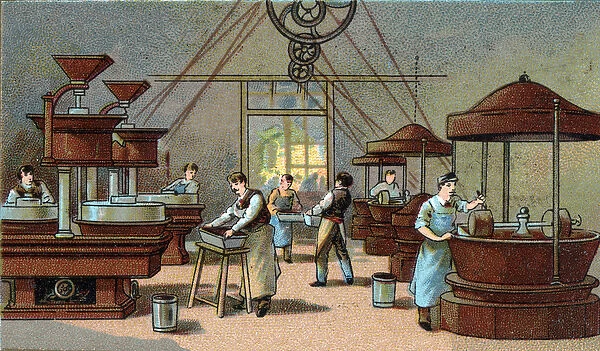 Chocolate manufacturing, mixing room. Chromolithography of the end of the 19th century