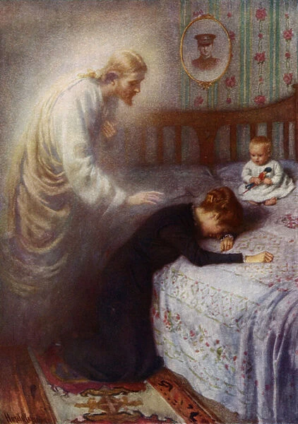 Christ the Comforter: Jesus consoling a grieving British war widow (colour litho)
