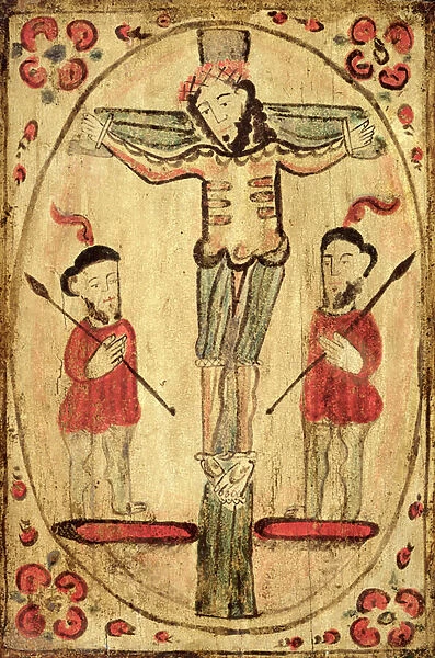 Christ on the Cross and Two Figures (oil on panel)