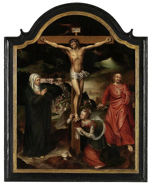 Christ on the Cross with the Virgin, St. John and Mary Magdalene (oil on panel)