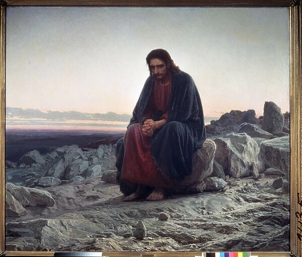 Christ dans le desert (Christ in the Wilderness). Le Christ, assis sur un rocher, les mains jointes dans une attitude de recueillement meditatif. Peinture de Ivan Nikolayevich Kramskoi (1837-1887), huile sur toile, 1872