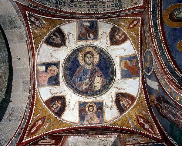 Christ giving blessing surrounds symbols of evangelists Fresco of the 13th century
