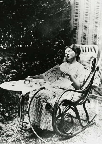 Christabel Pankhurst (1881-1969) reading a copy of The Suffragette c. 1905-14