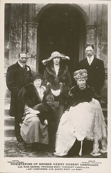 Christening of George Lascelles, eldest son of Princess Mary, Viscountess Lascelles, 1923 (b  /  w photo)
