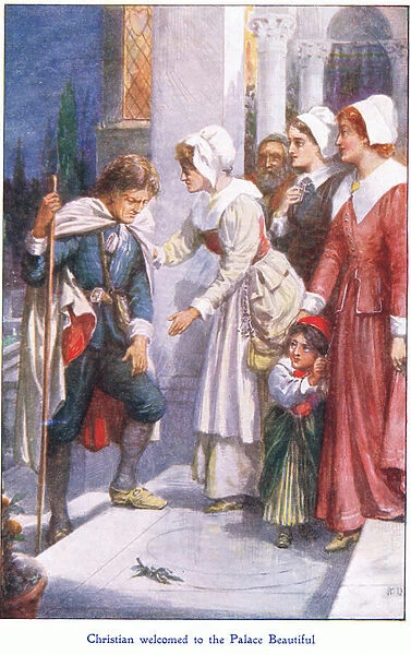 Christian welcomed to the Palace Beautiful, from The Pilgrims Progress published by John F Shaw & Co, c. 1900s (colour litho)