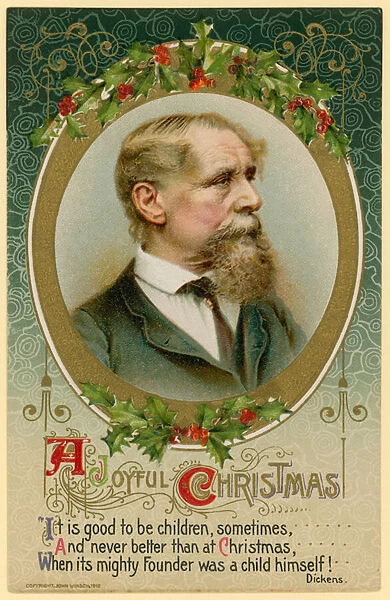 Christmas card, featuring Charles Dickens (chromolitho)