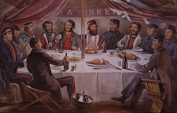 Christmas dinner during Crimean War, British and allied officers before Sebastopol, 1855 (colour litho)