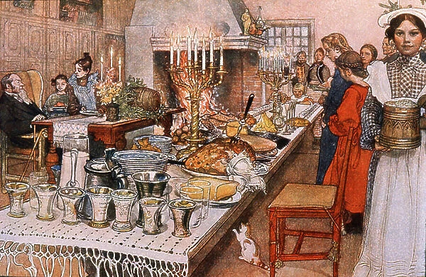Christmas Eve dinner in Sweden, early 20th century (illustration)