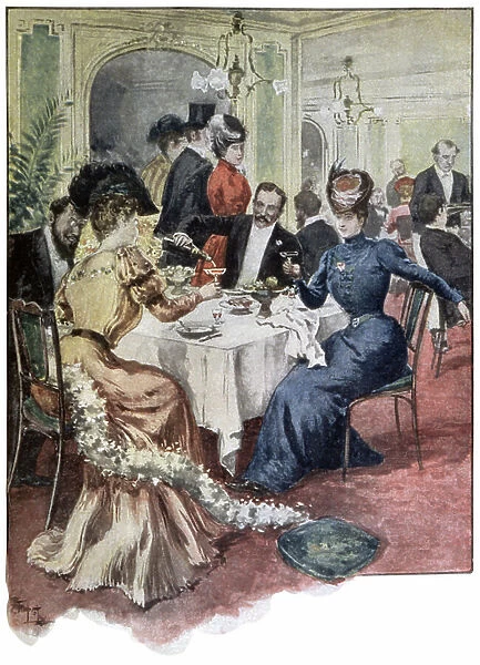 Christmas eve in a parisian restaurant, ca 1900 (Illustration)
