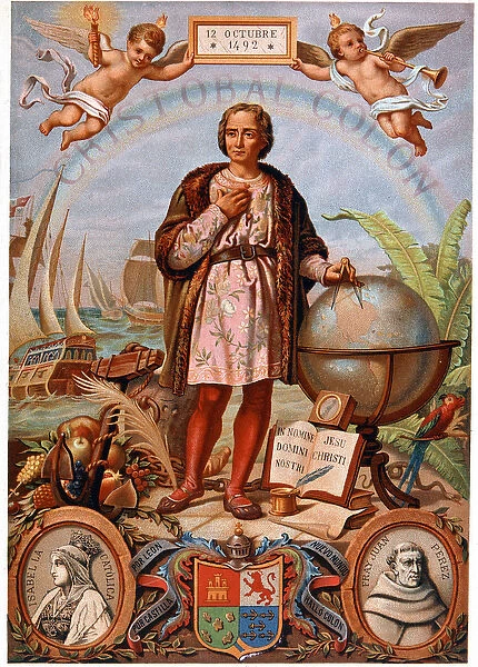 Christopher Columbus. On the left, portrait of Isabella the Catholic