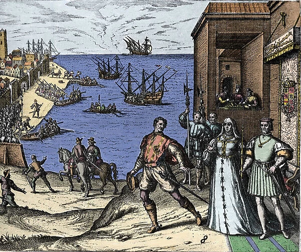 Christopher Columbus and the Pinzon brothers leaving the port of Palos in Spain