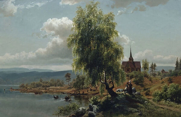 Church on the fjord (oil on canvas)