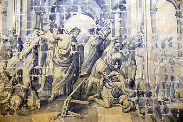 Church of Mercy. Azulejos. The cleansing of the Temple narrative. Jesus. Evora. Portugal
