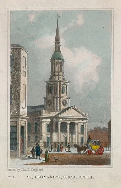 Church of St Leonard, Shoreditch (coloured engraving)