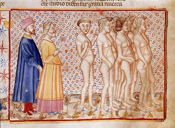 Circle of violent towards God, nature and art: Dante and Virgil meet blasphemers. Illuminated page illustrating a song of Hell draws from the 'Divina Commedia'by Dante Alighieri (1265-1321). 14th century, Venice, Biblioteca Marciana