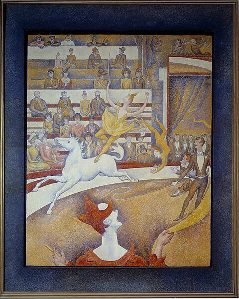 The circus Une ecuyere a horse, a clown and acrobats. Painting by Georges Seurat