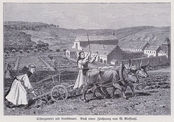 Cistercian monks working in the fields of a monastery farm (engraving)