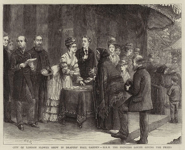 City of London Flower Show in Drapers Hall Garden, HRH the Princess Louise giving the Prizes (engraving)
