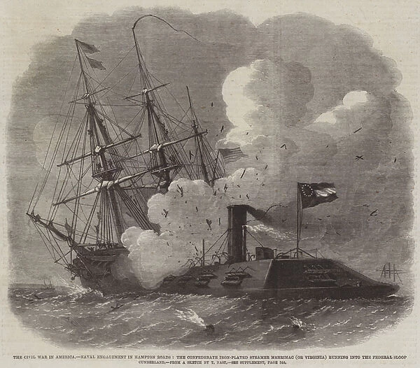 The Civil War in America, Naval Engagement in Hampton Roads, the Confederate Iron-Plated Steamer Merrimac (or Virginia) running into the Federal Sloop Cumberland (engraving)