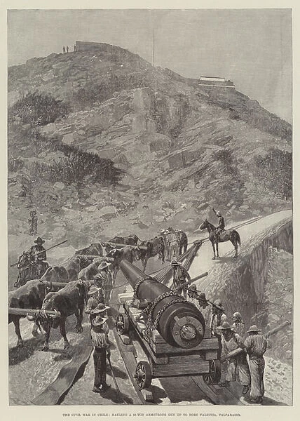 The Civil War in Chile, hauling a 21-Ton Armstrong Gun up to Fort Valdivia, Valparaiso (engraving)