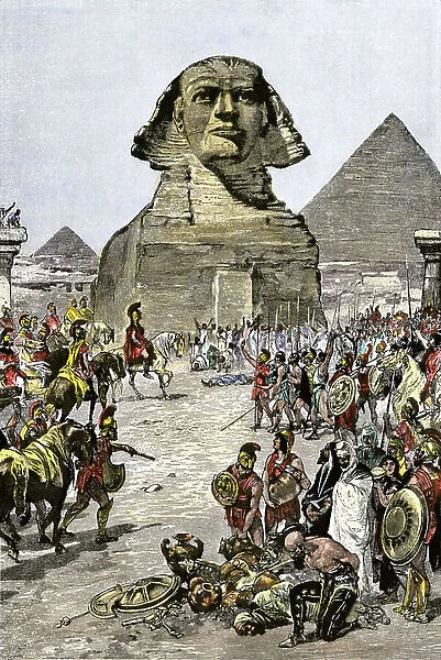 Civilization of Antiquity: The Armee of Alexander The Great entering Ancient Egypt in 332 BC. Colour engraving of the 19th century