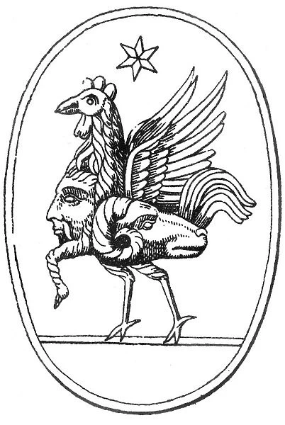 Classical Greek gem in the form of Pan joined to a cock, a ram and the sun (engraving)