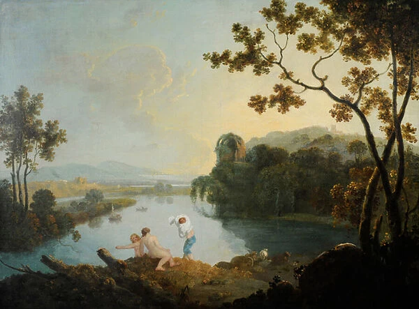 Classical landscape with boys bathing (oil on canvas)