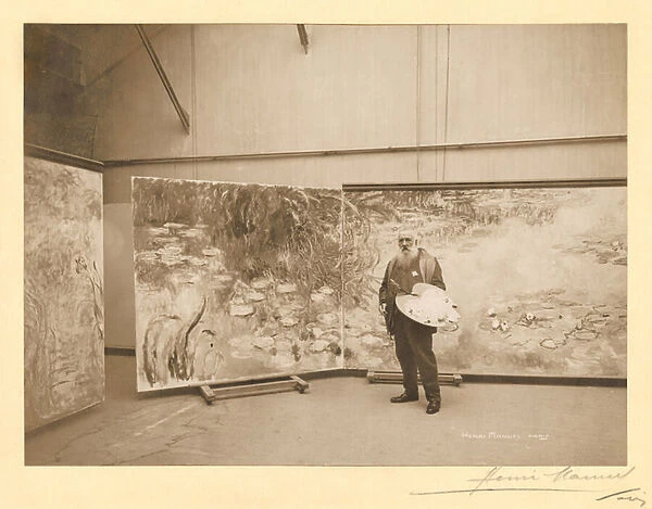 Claude Monet (1840-1926) in front of his paintings The Waterlilies, in his studio at Giverny, 1920 (gelatin silver print) (b  /  w photo)