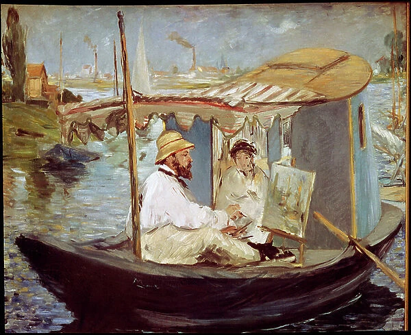 Claude Monet painting in his studio boat, 1874 (oil on canvas)