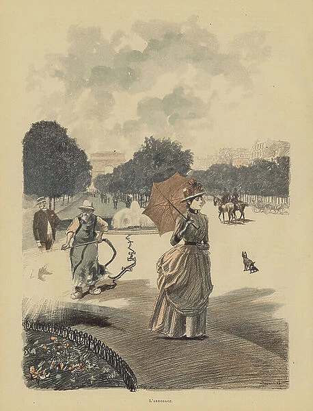 Cleaning the paths in the Jardin du Champs-Elysees (colour litho)
