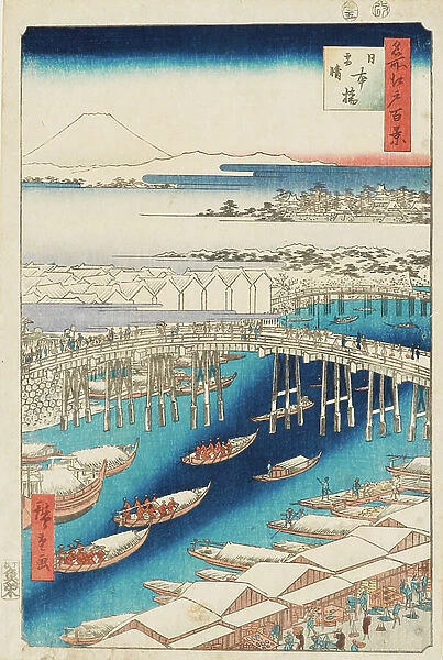 Clearing After Snow at Nihonbashi Bridge, 1856 (woodblock print, with bokashi)