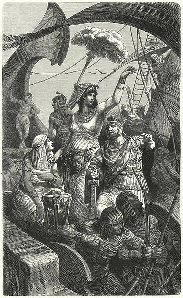 Cleopatra during the Battle of Actium, 31 BC (engraving)