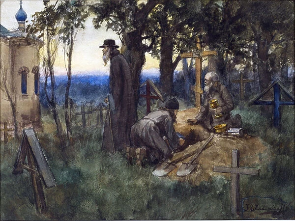 The clergymen hiding church treasures in a new grave in a cemetery by Vladimirov, Ivan Alexeyevich (1869-1947). Watercolour, Gouache on Paper, 1922. Private Collection