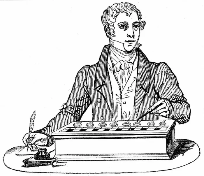 Framed Print : Clerk using a Pascal (1623-1664) type of adding machine. Woodcut London, 1835
