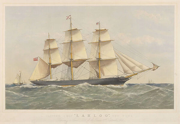 Clipper Ship Lahloo, 799 Tons, preparing to land Pilot off the Owers, 19th September 1867, c.1868-74 (lithograph, coloured)