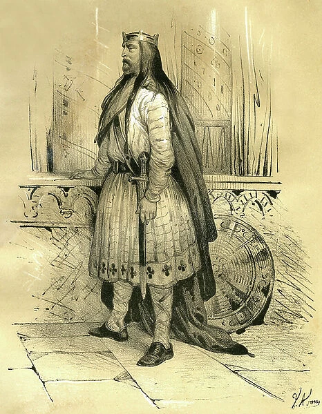 Clodion the Hair, leader of the Salians Francs from around 428 until his death in 447, likely ancestor of the Merovingians. Engraving by Victor Adam (1801-1866)