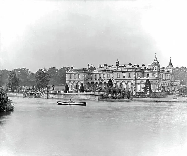 Clumber Park seen from across the lake, from England's Lost Houses by Giles Worsley (1961-2006) published 2002 (b / w photo)