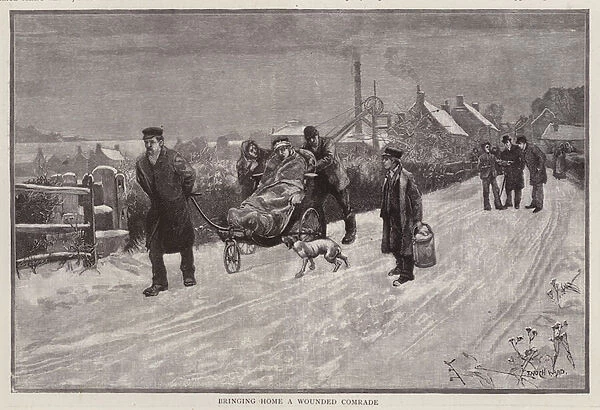 A coal miner injured at work being brought home (litho)