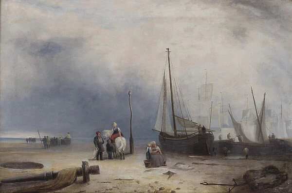 Coast Scene with Boats and Figures (oil on canvas)