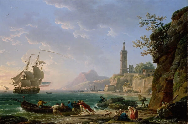 A Coastal Mediterranean Landscape with a Dutch Merchantman in a Bay, 1769 (oil on canvas)