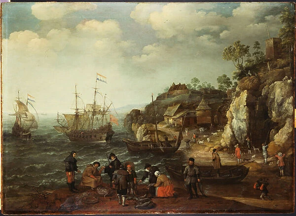 Coastal scene with fishermen and huntsmen on the shore, 1626 (oil on panel)