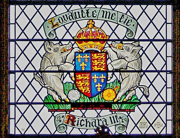 Detail of the coat of arms of Richard III, from window w12 depicting Corpus Christi