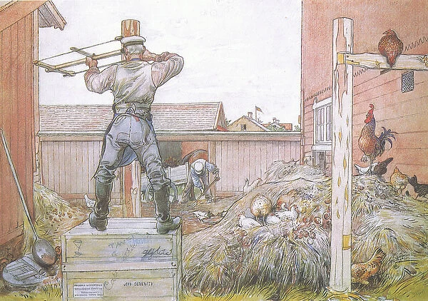 The cock went on crowing all the time Elfstrom sawed and hammered (colour litho)
