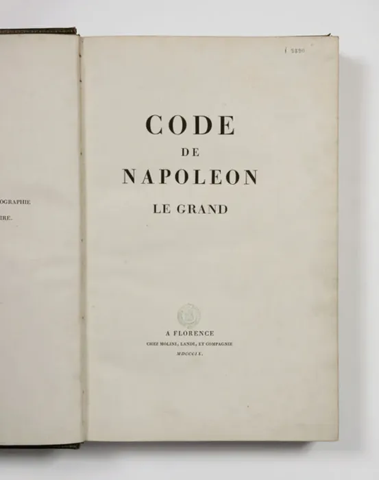 Framed Print : Code of Napoleon the Great, open at the titlepage, published Florence, Molini Framed Print : Code of Napoleon the Great, open at the titlepage, published Florence, Molini
