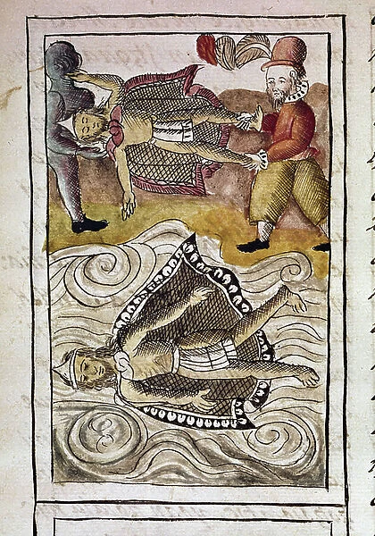 Codex of the conquest of Mexico: The bodies of Itzquauhtzin and Montezuma, or Moctezuma II Aztec emperor (1466-1520), are thrown out of the palace by the Spaniards. 16th century (miniature)